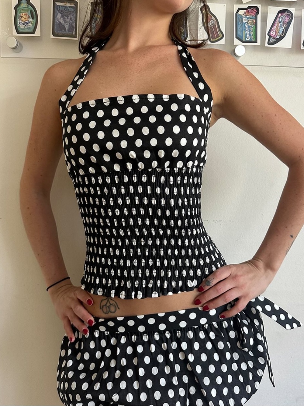 NWOT Blondita Gwen Halter Top in Polka Dot Black White Print Maximalist Rock